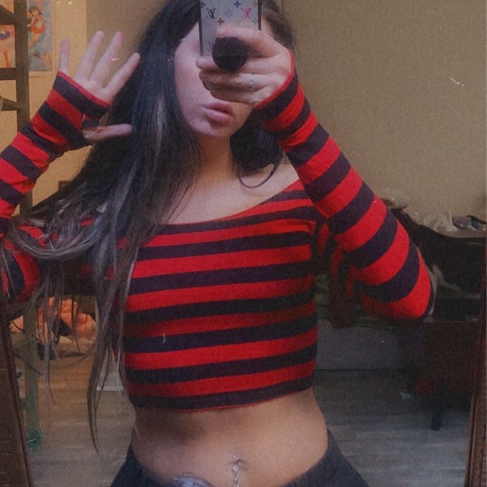 sold VINTAGE Y2K PUNK STRIPED OFF THE SHOULDER SHIRT WITH THUMB HOLES